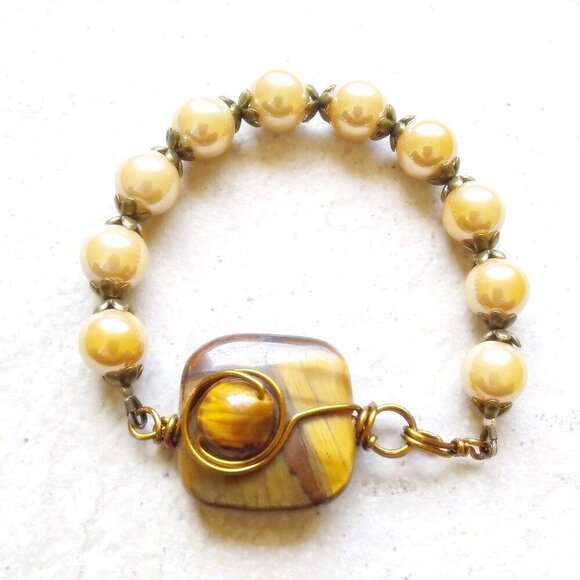 TigerEye & Shimmering AB Glass Beaded Bracelet! Handmade & One-of-a-kind Jewelry - Picture 5 of 11